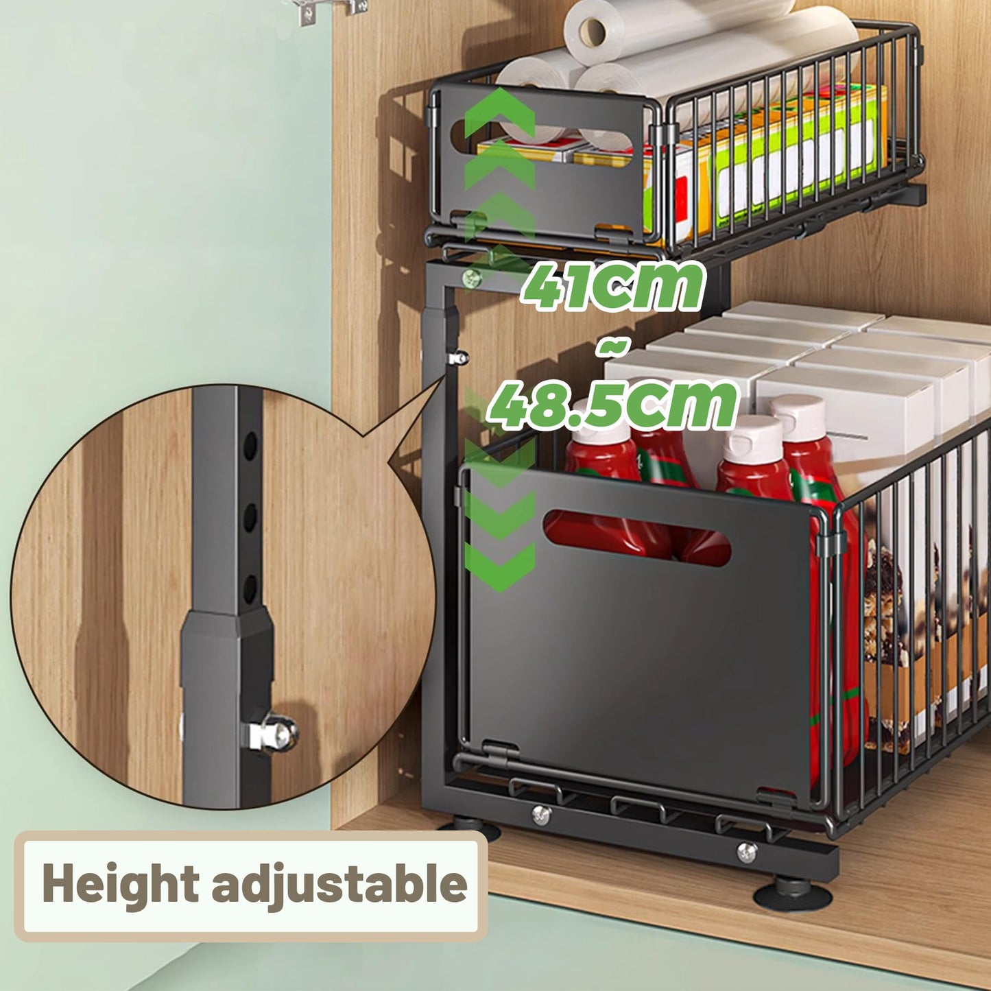 YunNasi 2 Etagen Unter Waschbecken Regal Metall Unterschrank Organizer Spülschrank Regal für Küche Badezimmer Schrank Küchen Organizer Gewürzregal Höhenverstellbar (Schwarz-1 Pack)