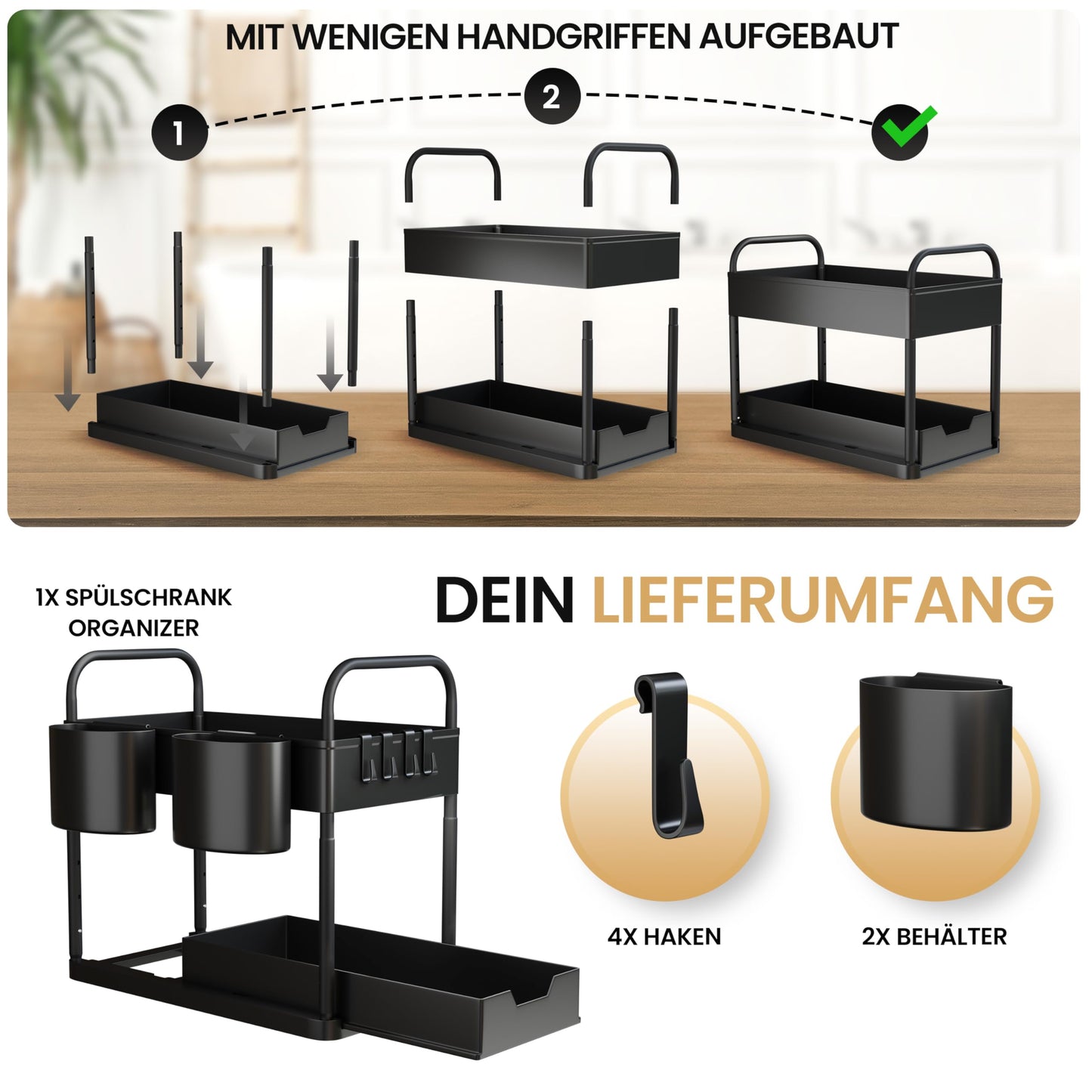 HELDENWERK Unter Waschbecken Regal für Spülenunterschrank höhenverstellbar mit 2 Etagen in schwarz I Küchen Organizer Unterschrank Gewürzregal I Waschbeckenunterschrank Organizer