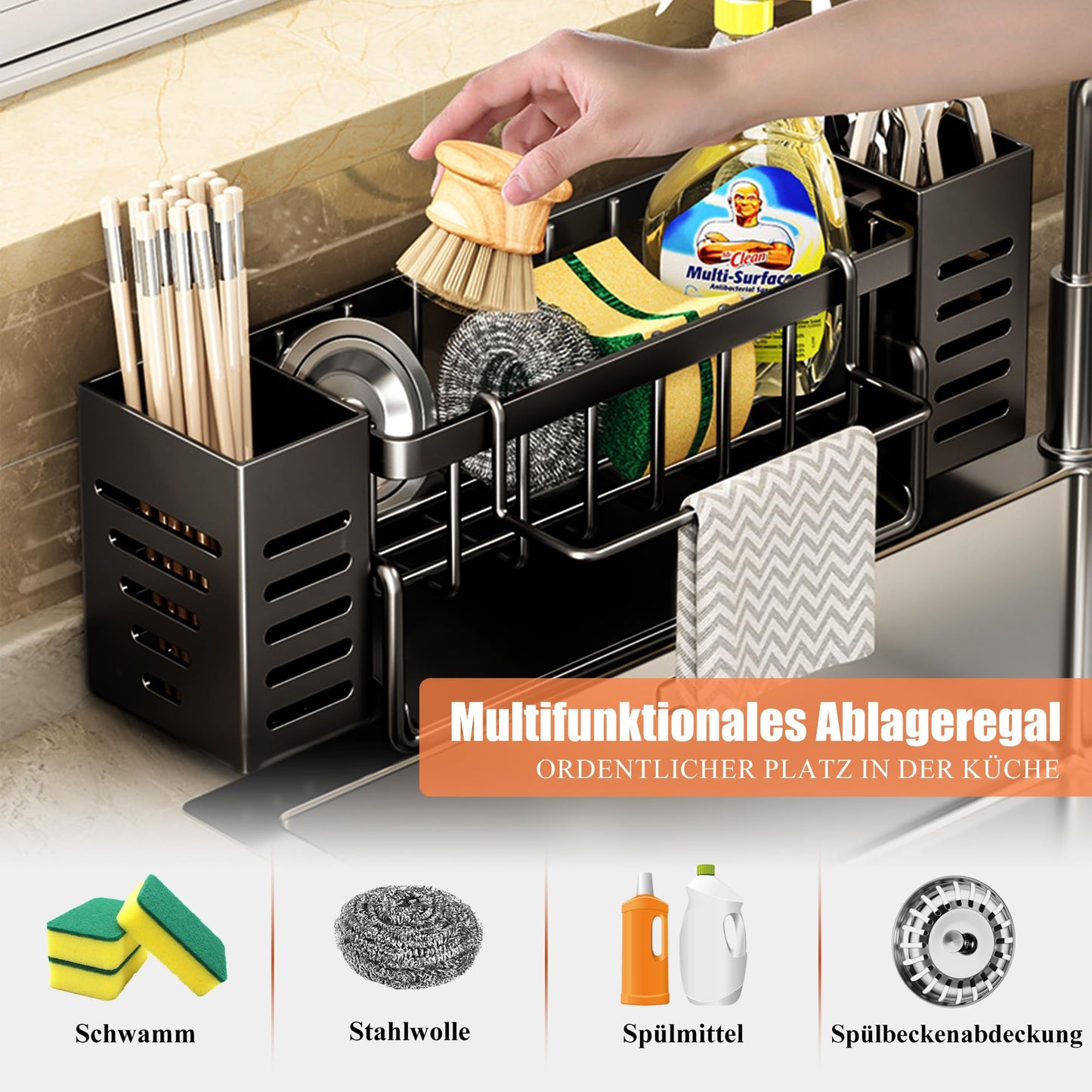 KüChen SpüLbecken Organizer Schwarz Aufbewahrung - Edelstahl Waschbecken Ablage KüChe Schmal SpüLe Ohne Bohren Spuelbecken Wand Schwammhalter mit 2 Korb HäNgend SpüLmittel und Halterung Lappen Holder