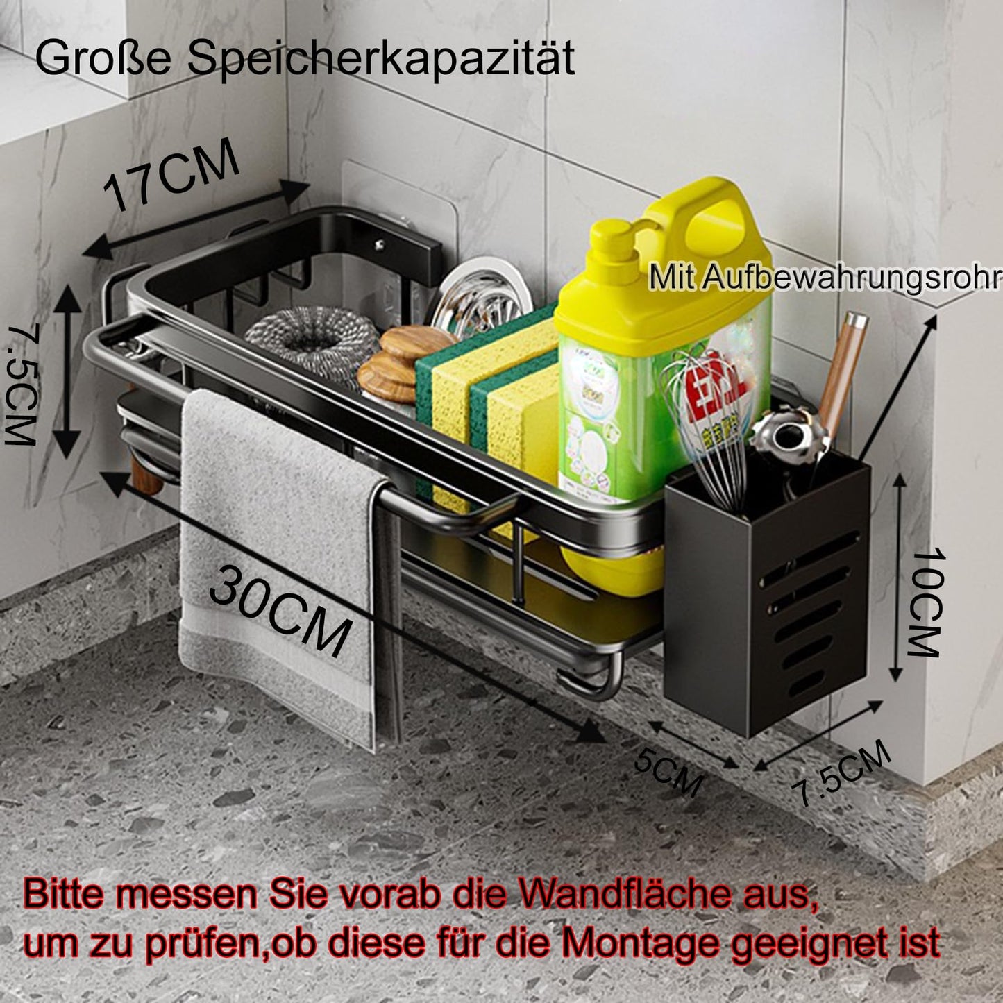 Koolkasa Küche Spülbecken Organizer Schwammhalter mit Abflusspfanne Küchen Spüle Organizer mit Spültuchhalter und Zwei Haken,Metalle Hängender Küchenorganizer Badezimmer - Ohne Bohren (Schwarz)