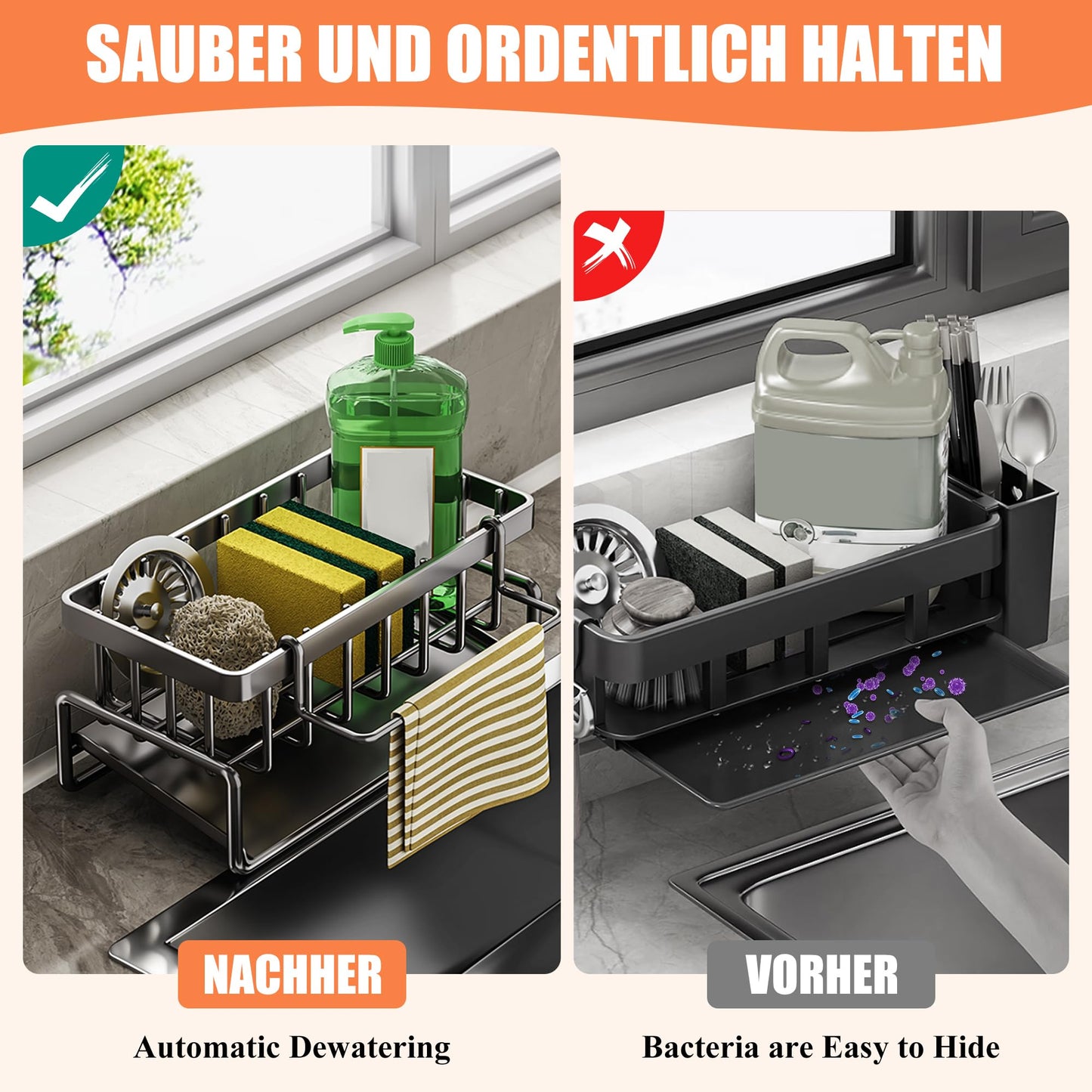 KüChen SpüLbecken Organizer Schwarz Aufbewahrung - Edelstahl Waschbecken Ablage KüChe Schmal SpüLe Ohne Bohren Spuelbecken Wand Schwammhalter mit 2 Korb HäNgend SpüLmittel und Halterung Lappen Holder