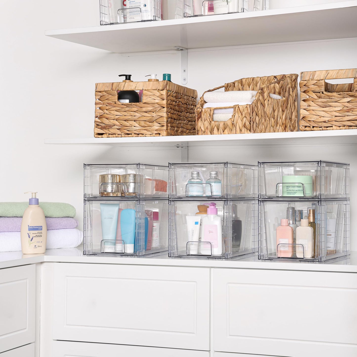 Vtopmart 4er-Set Klare Stapelbare Aufbewahrungsschubladen, Einfach Montierbare Badezimmer-Organizer mit Griffen, Plastikschubladen für Küche, Vorratsschrank und Unter-Waschbecken-Organisation