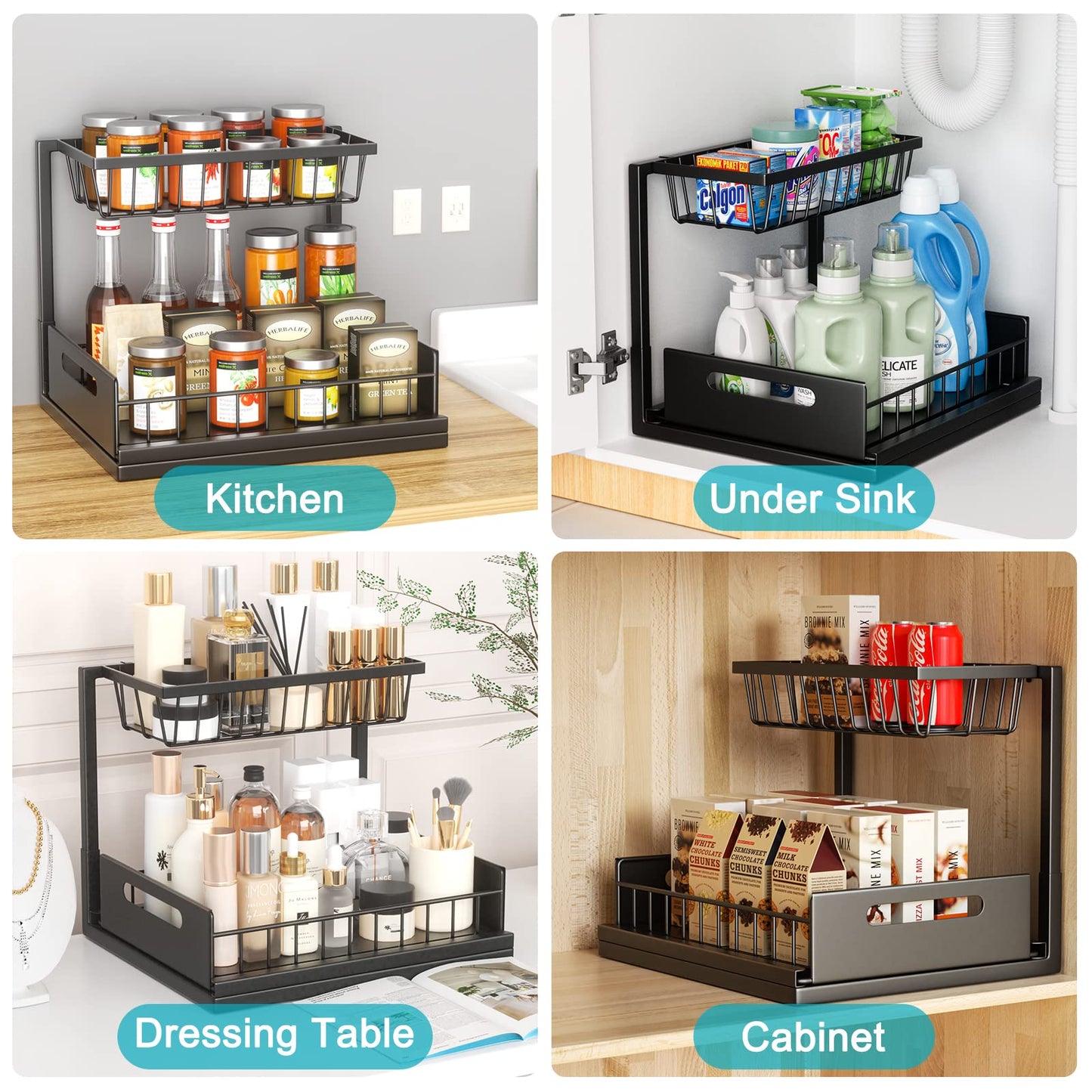Cocolemon Metall Unter Waschbecken Regal, 2 Etagen Küche Schrank Organizer mit Schublade, Große Kapazität Unterschrankregal, Gewürzregal und Küchenhelfer für Küche, Bad, Unterschrank, Schwarz