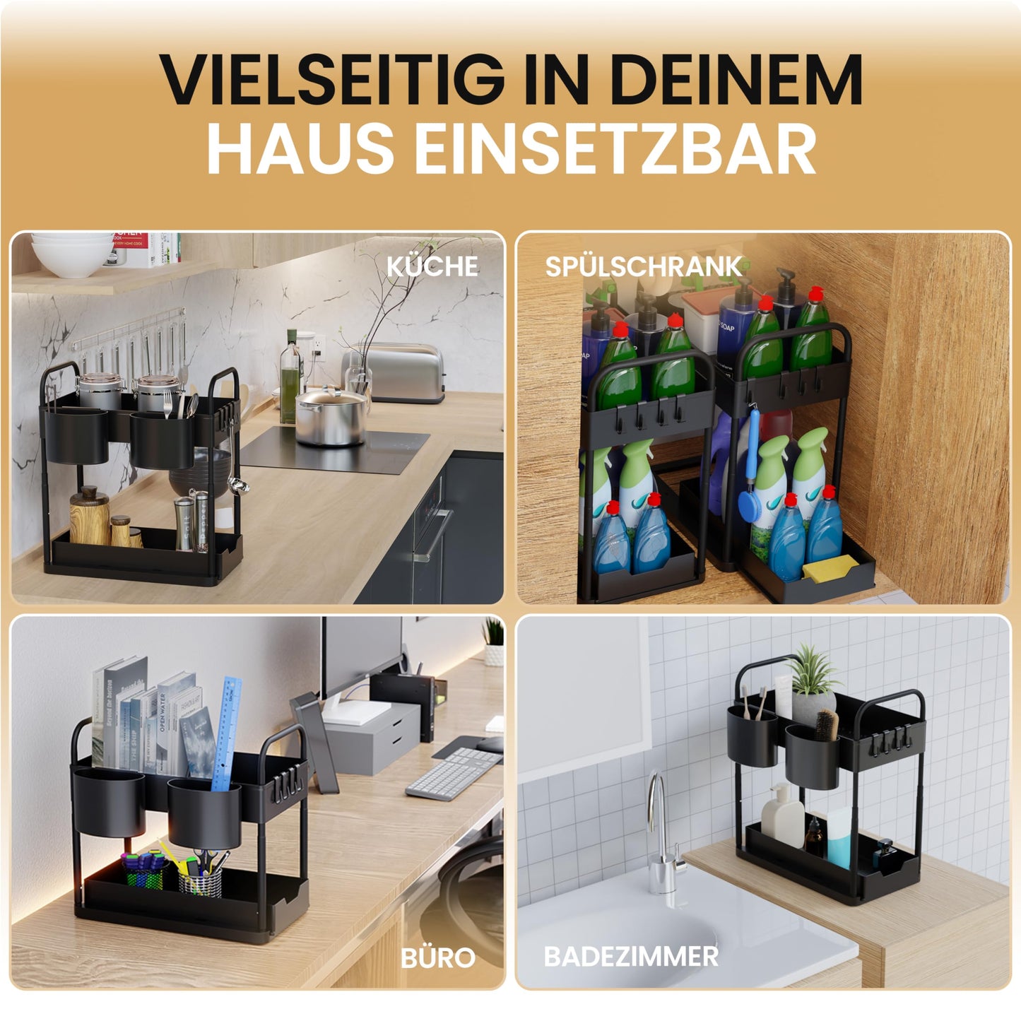 HELDENWERK Unter Waschbecken Regal für Spülenunterschrank höhenverstellbar mit 2 Etagen in schwarz I Küchen Organizer Unterschrank Gewürzregal I Waschbeckenunterschrank Organizer