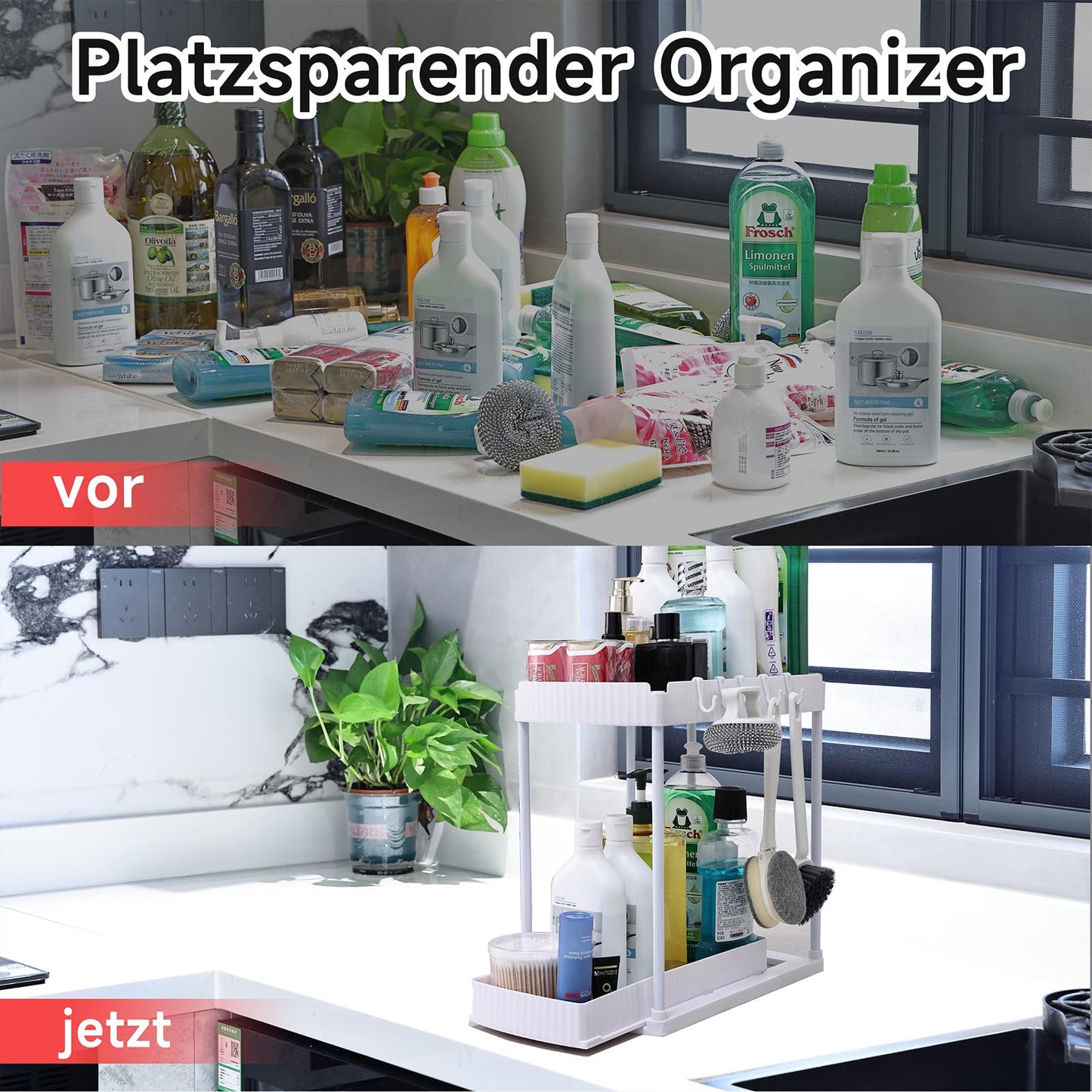 sapisecret Unter Waschbecken Regal Organizer, 2 Stufig mit 5 Haken, Spülschrank Organizer Ausziehbar, küchenschrank organizer für Spülschrank & Badezimmer (1 Pack, weiß)