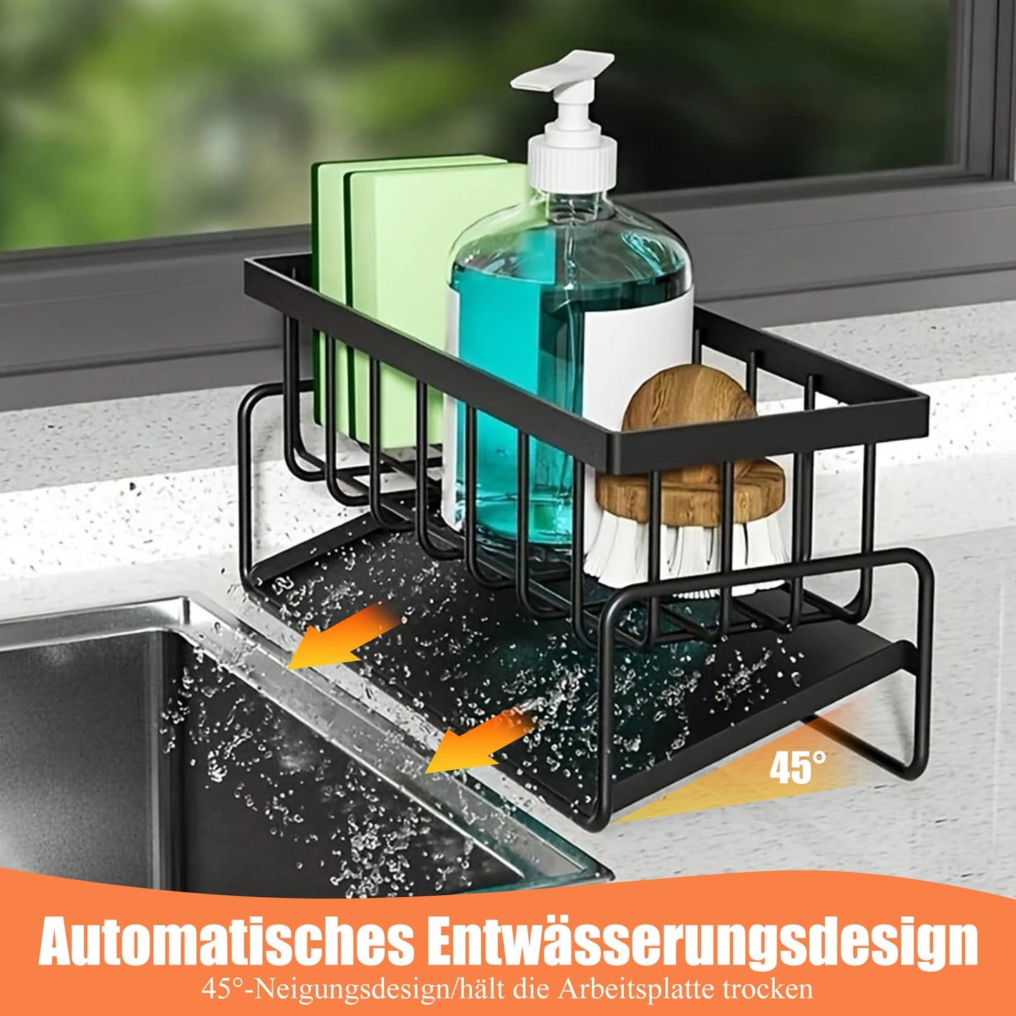 KüChen SpüLbecken Organizer Schwarz Aufbewahrung - Edelstahl Waschbecken Ablage KüChe Schmal SpüLe Ohne Bohren Spuelbecken Wand Schwammhalter mit 2 Korb HäNgend SpüLmittel und Halterung Lappen Holder