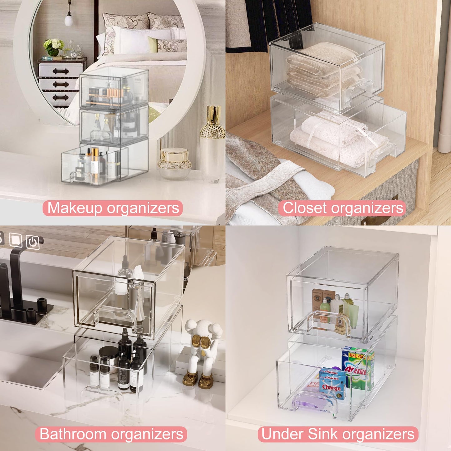 2 Stück Badschrank Organizer Box, Stackable Acryl Aufbewahrungsbox Schublade mit 16 rutschfeste Matte und Haltbarkeit, Organisationsboxen für Schlafzimmer Spülbecken Schreibtisch Badschrank Organizer