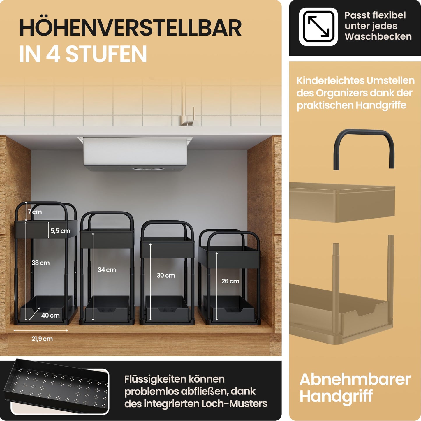 HELDENWERK Unter Waschbecken Regal für Spülenunterschrank höhenverstellbar mit 2 Etagen in schwarz I Küchen Organizer Unterschrank Gewürzregal I Waschbeckenunterschrank Organizer