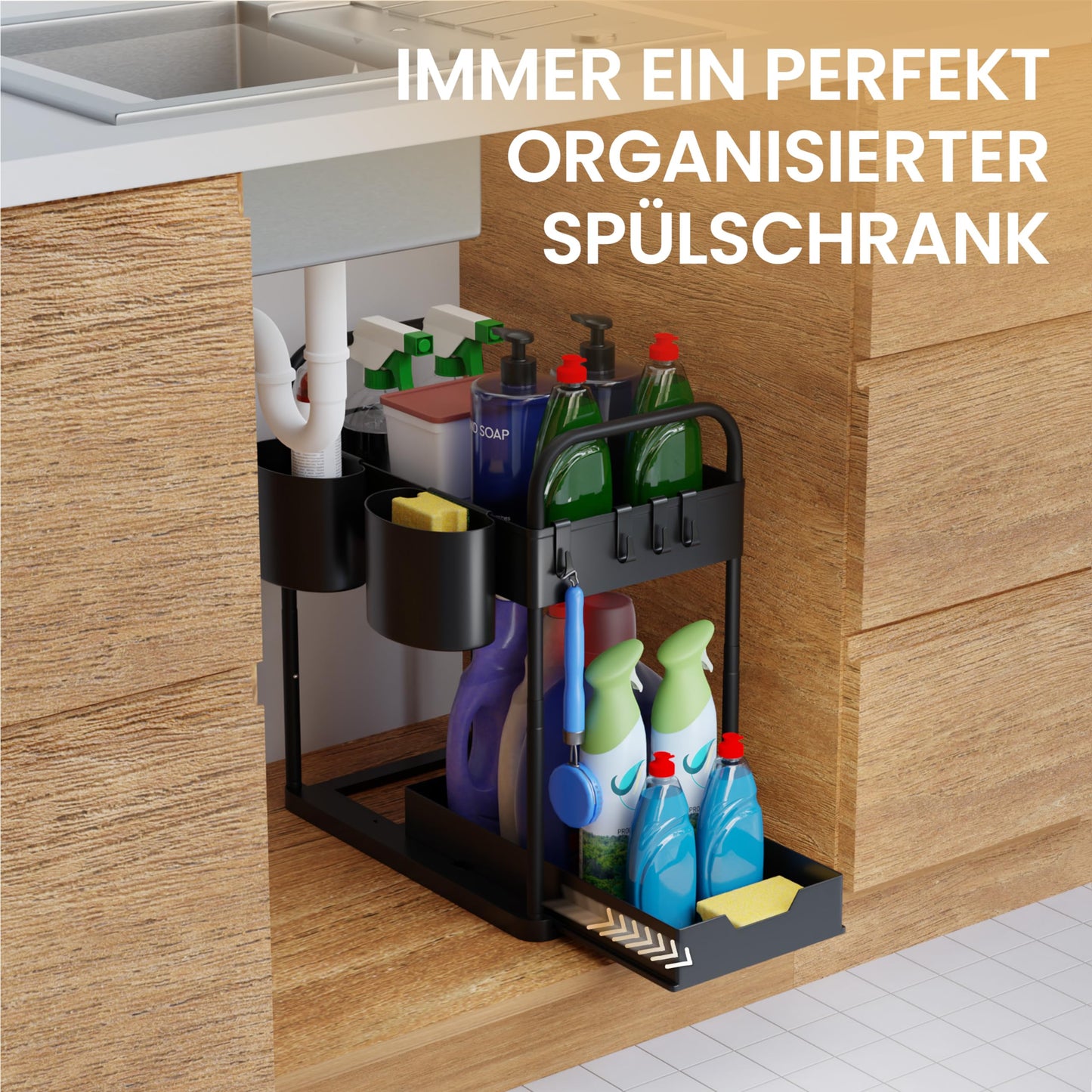 HELDENWERK Unter Waschbecken Regal für Spülenunterschrank höhenverstellbar mit 2 Etagen in schwarz I Küchen Organizer Unterschrank Gewürzregal I Waschbeckenunterschrank Organizer