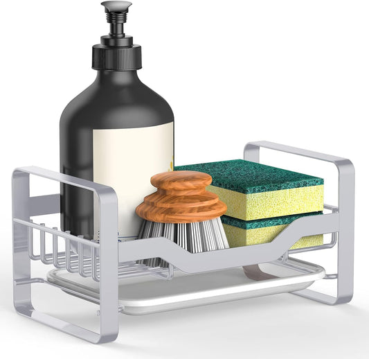 AxiwoIntl Spülbecken Organizer Küchen mit Abnehmbarer Abflusspfanne, Kitchen Sink Caddy Organizer Edelstahl Schwammhalter Spüllappenhalter Spülorganizer Spüle für Schwamm, Bürsten Seifenspender