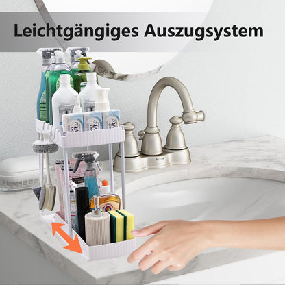 sapisecret Unter Waschbecken Regal Organizer, 2 Stufig mit 5 Haken, Spülschrank Organizer Ausziehbar, küchenschrank organizer für Spülschrank & Badezimmer (1 Pack, weiß)