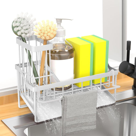 FunMacchi Spülbecken Organizer–Küchen Organizer mit Schwammhalter, Spülbürstenhalter & Geschirrtuchhalter Mit automatischem Abflusssystem Für Arbeitsplatte oder Wandmontage(Weiß)