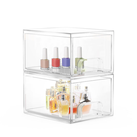 2 Stück Badschrank Organizer Box, Stackable Acryl Aufbewahrungsbox Schublade mit 16 rutschfeste Matte und Haltbarkeit, Organisationsboxen für Schlafzimmer Spülbecken Schreibtisch Badschrank Organizer
