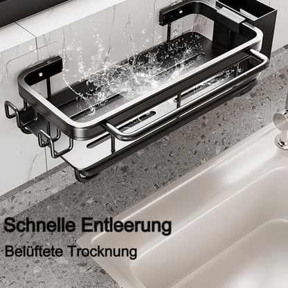 Koolkasa Küche Spülbecken Organizer Schwammhalter mit Abflusspfanne Küchen Spüle Organizer mit Spültuchhalter und Zwei Haken，Metalle Hängender Küchenorganizer Badezimmer - Ohne Bohren (Schwarz)