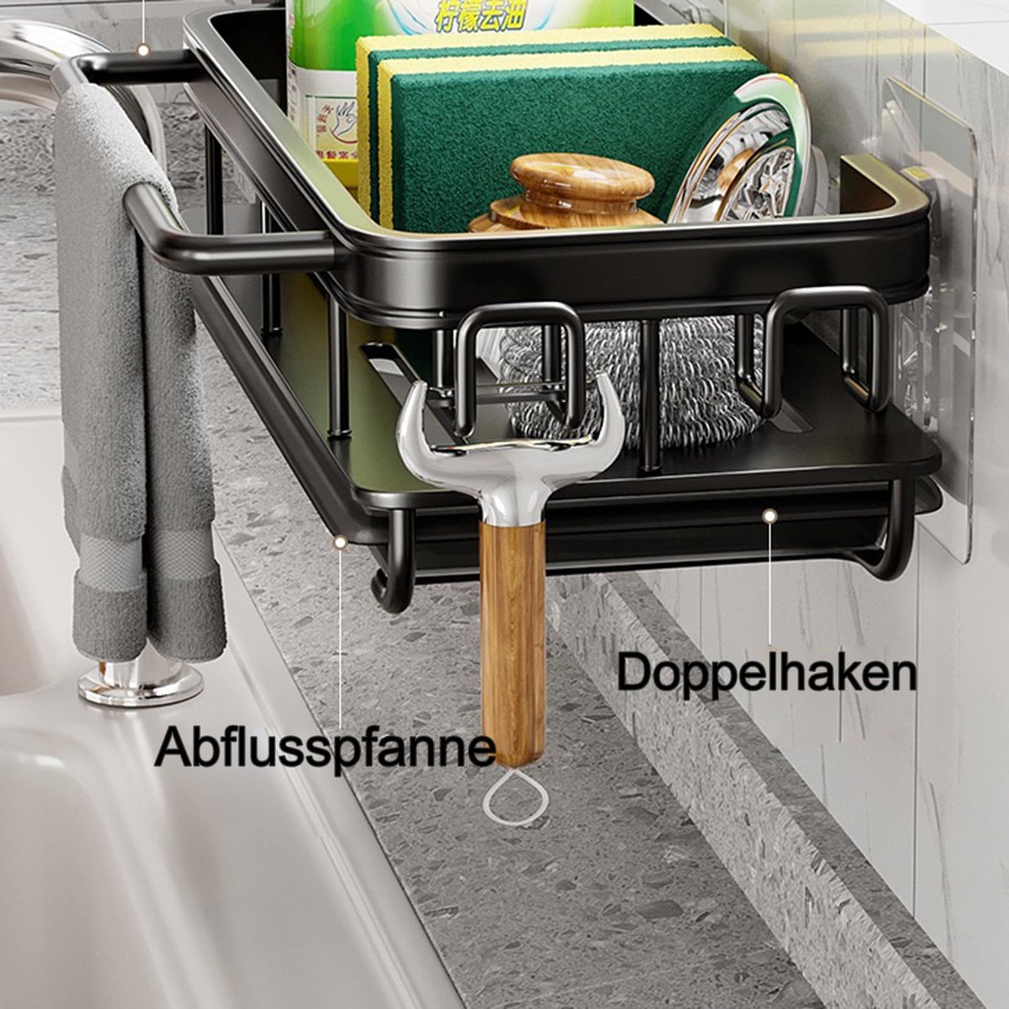 Koolkasa Küche Spülbecken Organizer Schwammhalter mit Abflusspfanne Küchen Spüle Organizer mit Spültuchhalter und Zwei Haken，Metalle Hängender Küchenorganizer Badezimmer - Ohne Bohren (Schwarz)