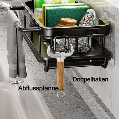 Koolkasa Küche Spülbecken Organizer Schwammhalter mit Abflusspfanne Küchen Spüle Organizer mit Spültuchhalter und Zwei Haken，Metalle Hängender Küchenorganizer Badezimmer - Ohne Bohren (Schwarz)