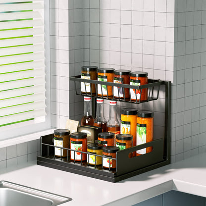Cocolemon Metall Unter Waschbecken Regal, 2 Etagen Küche Schrank Organizer mit Schublade, Große Kapazität Unterschrankregal, Gewürzregal und Küchenhelfer für Küche, Bad, Unterschrank, Schwarz