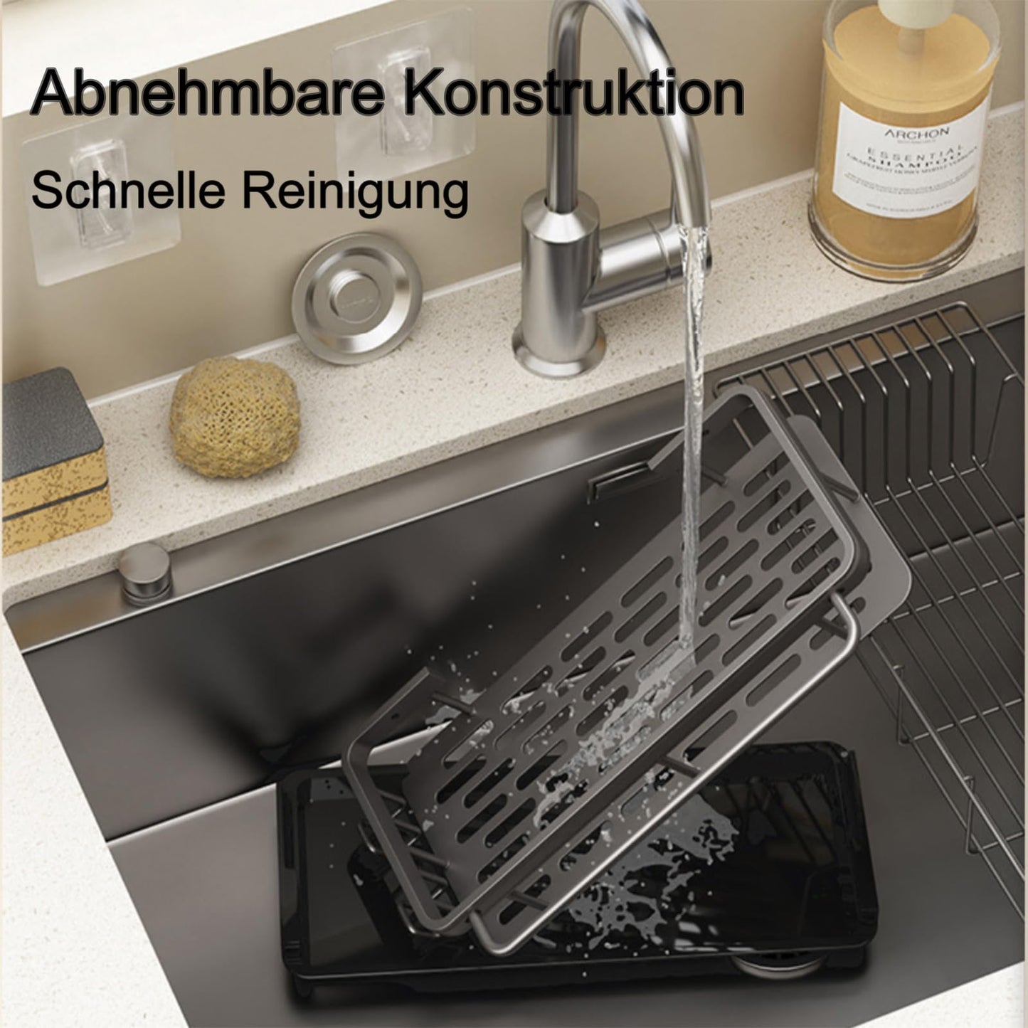 Koolkasa Küche Spülbecken Organizer Schwammhalter mit Abflusspfanne Küchen Spüle Organizer mit Spültuchhalter und Zwei Haken，Metalle Hängender Küchenorganizer Badezimmer - Ohne Bohren (Schwarz)