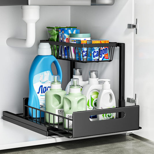 Cocolemon Metall Unter Waschbecken Regal, 2 Etagen Küche Schrank Organizer mit Schublade, Große Kapazität Unterschrankregal, Gewürzregal und Küchenhelfer für Küche, Bad, Unterschrank, Schwarz