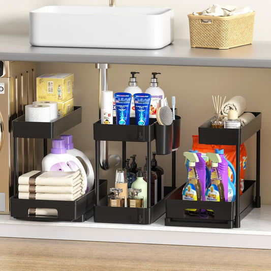 Cinnani 3 Stück Unterschrank Organizer küchenschrank,2 Etagen Spülschrank Organizer,L-förmigen Ausziehbarer Spülenunterschrank Organizer,Unter Waschbecken Regal mit 8 Haken,2 Tassen