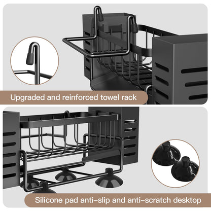Bellovero Spülbecken Organizer, Edelstahl Küchen Organizer mit Selbstentleerender Ablaufwanne, mit Handtuchhalter und Aufbewahrungsbox für Spülbürsten, Organizer für Küche und Badezimmer