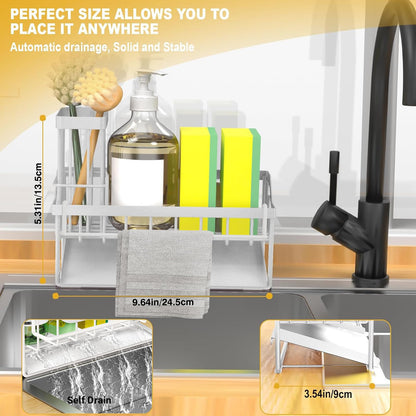 FunMacchi Spülbecken Organizer–Küchen Organizer mit Schwammhalter, Spülbürstenhalter & Geschirrtuchhalter Mit automatischem Abflusssystem Für Arbeitsplatte oder Wandmontage(Weiß)