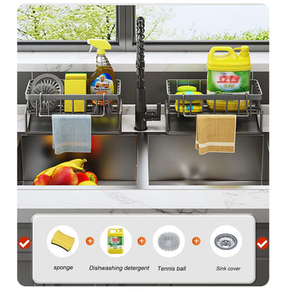 ViWaVee Spülbecken Organizer, Spüle Küchen Organizer Mit Selbstentleerender Ablaufwanne for Schwammhalter, Handtuchhalter, Spültuchhalter, Super Organizer für Küche und Badezimmer. (Grau)