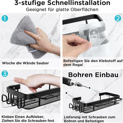 Koolkasa Küche Spülbecken Organizer Schwammhalter mit Abflusspfanne Küchen Spüle Organizer mit Spültuchhalter und Zwei Haken，Metalle Hängender Küchenorganizer Badezimmer - Ohne Bohren (Schwarz)