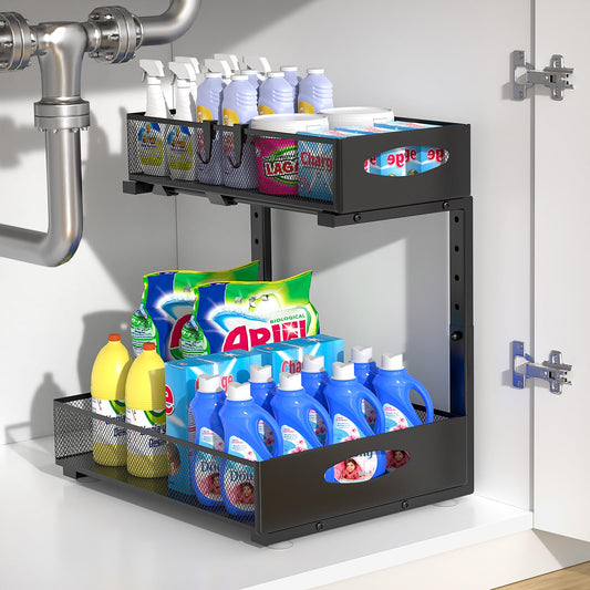 Housolution Spülschrank Organizer Ausziehbar, 2 Etagen Metall Unter Waschbecken Regal Spülenunterschrank Organizer, Unter Spüle Unterschrank Waschbeckenunterschrank Organizer, Schwarz