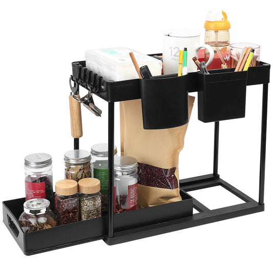 Küchen Organizer, 2 Etagen Spülschrank Organizer Küchenregal, Spülenunterschrank Organizer, Schiebeschublade Unter Waschbecken Regal Gewürzregal mit 4 Haken 2 Tassen, für Küche Badezimmer Organizer