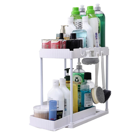 sapisecret Unter Waschbecken Regal Organizer, 2 Stufig mit 5 Haken, Spülschrank Organizer Ausziehbar, küchenschrank organizer für Spülschrank & Badezimmer (1 Pack, weiß)