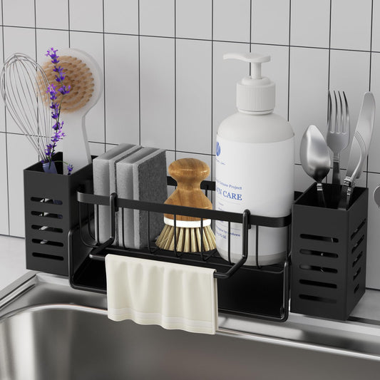 Bellovero Spülbecken Organizer, Edelstahl Küchen Organizer mit Selbstentleerender Ablaufwanne, mit Handtuchhalter und Aufbewahrungsbox für Spülbürsten, Organizer für Küche und Badezimmer