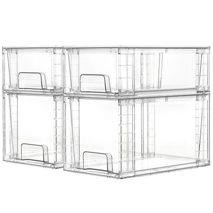 Vtopmart 4er-Set Klare Stapelbare Aufbewahrungsschubladen, Einfach Montierbare Badezimmer-Organizer mit Griffen, Plastikschubladen für Küche, Vorratsschrank und Unter-Waschbecken-Organisation