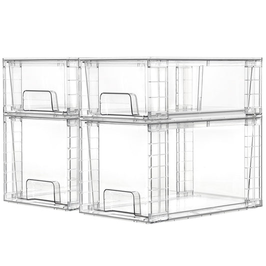 Vtopmart 4er-Set Klare Stapelbare Aufbewahrungsschubladen, Einfach Montierbare Badezimmer-Organizer mit Griffen, Plastikschubladen für Küche, Vorratsschrank und Unter-Waschbecken-Organisation