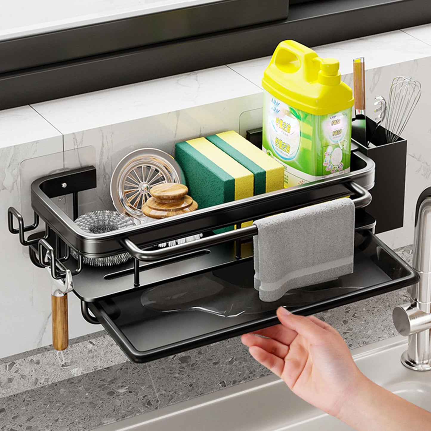 Koolkasa Küche Spülbecken Organizer Schwammhalter mit Abflusspfanne Küchen Spüle Organizer mit Spültuchhalter und Zwei Haken，Metalle Hängender Küchenorganizer Badezimmer - Ohne Bohren (Schwarz)