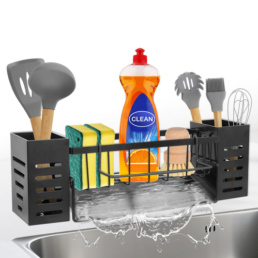 KüChen SpüLbecken Organizer Schwarz Aufbewahrung - Edelstahl Waschbecken Ablage KüChe Schmal SpüLe Ohne Bohren Spuelbecken Wand Schwammhalter mit 2 Korb HäNgend SpüLmittel und Halterung Lappen Holder