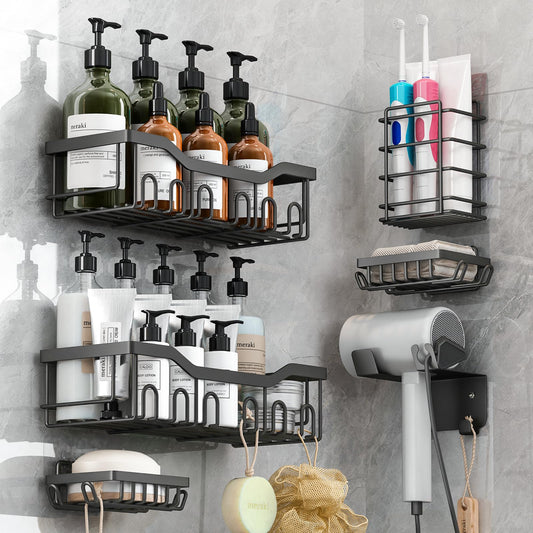 rigors Duschablage ohne Bohren, 6 Stück Badezimmer Regal mit Haartrocknerhalter und Haken, Duschregal Edelstahl Duschkorb Wandhängend, Selbstklebend Badezimmer Organizer für Bad und Küche Schwarz