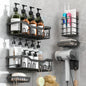 rigors Duschablage ohne Bohren, 6 Stück Badezimmer Regal mit Haartrocknerhalter und Haken, Duschregal Edelstahl Duschkorb Wandhängend, Selbstklebend Badezimmer Organizer für Bad und Küche Schwarz