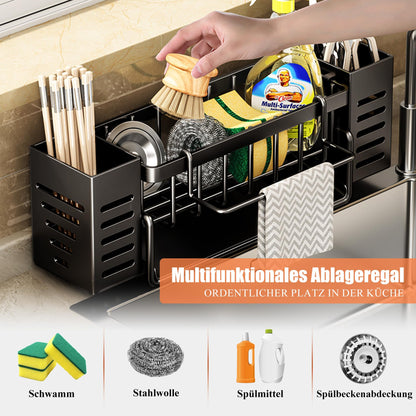 KüChen SpüLbecken Organizer Schwarz Aufbewahrung - Edelstahl Waschbecken Ablage KüChe Schmal SpüLe Ohne Bohren Spuelbecken Wand Schwammhalter mit 2 Korb HäNgend SpüLmittel und Halterung Lappen Holder