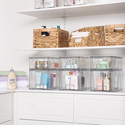 Vtopmart 4er-Set Klare Stapelbare Aufbewahrungsschubladen, Einfach Montierbare Badezimmer-Organizer mit Griffen, Plastikschubladen für Küche, Vorratsschrank und Unter-Waschbecken-Organisation