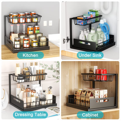 Cocolemon Metall Unter Waschbecken Regal, 2 Etagen Küche Schrank Organizer mit Schublade, Große Kapazität Unterschrankregal, Gewürzregal und Küchenhelfer für Küche, Bad, Unterschrank, Schwarz