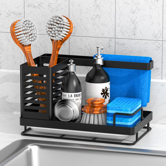 JYSDCXC Spülbecken Organizer mit Abflusspfanne,Küchenspüle Caddy Schwarz,Spülbecken Caddy für Schwämme/Bürsten/Seifen in Küche und Bad,Rutschfest,abnehmbar