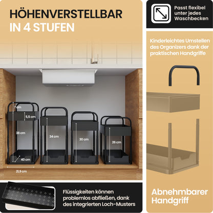 HELDENWERK Unter Waschbecken Regal für Spülenunterschrank höhenverstellbar mit 2 Etagen in schwarz I Küchen Organizer Unterschrank Gewürzregal I Waschbeckenunterschrank Organizer