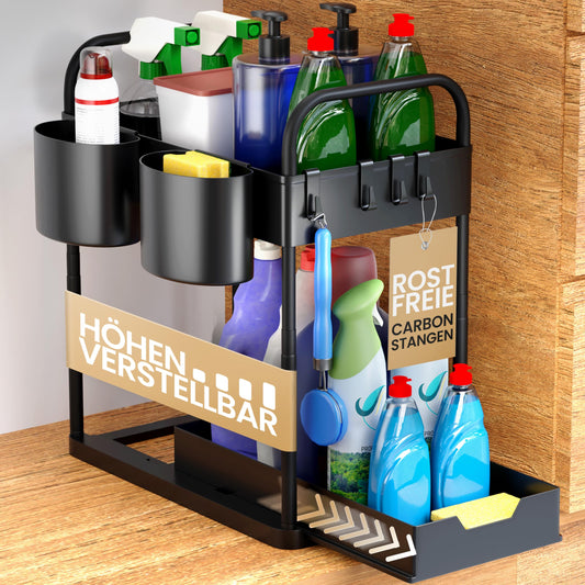 HELDENWERK Unter Waschbecken Regal für Spülenunterschrank höhenverstellbar mit 2 Etagen in schwarz I Küchen Organizer Unterschrank Gewürzregal I Waschbeckenunterschrank Organizer
